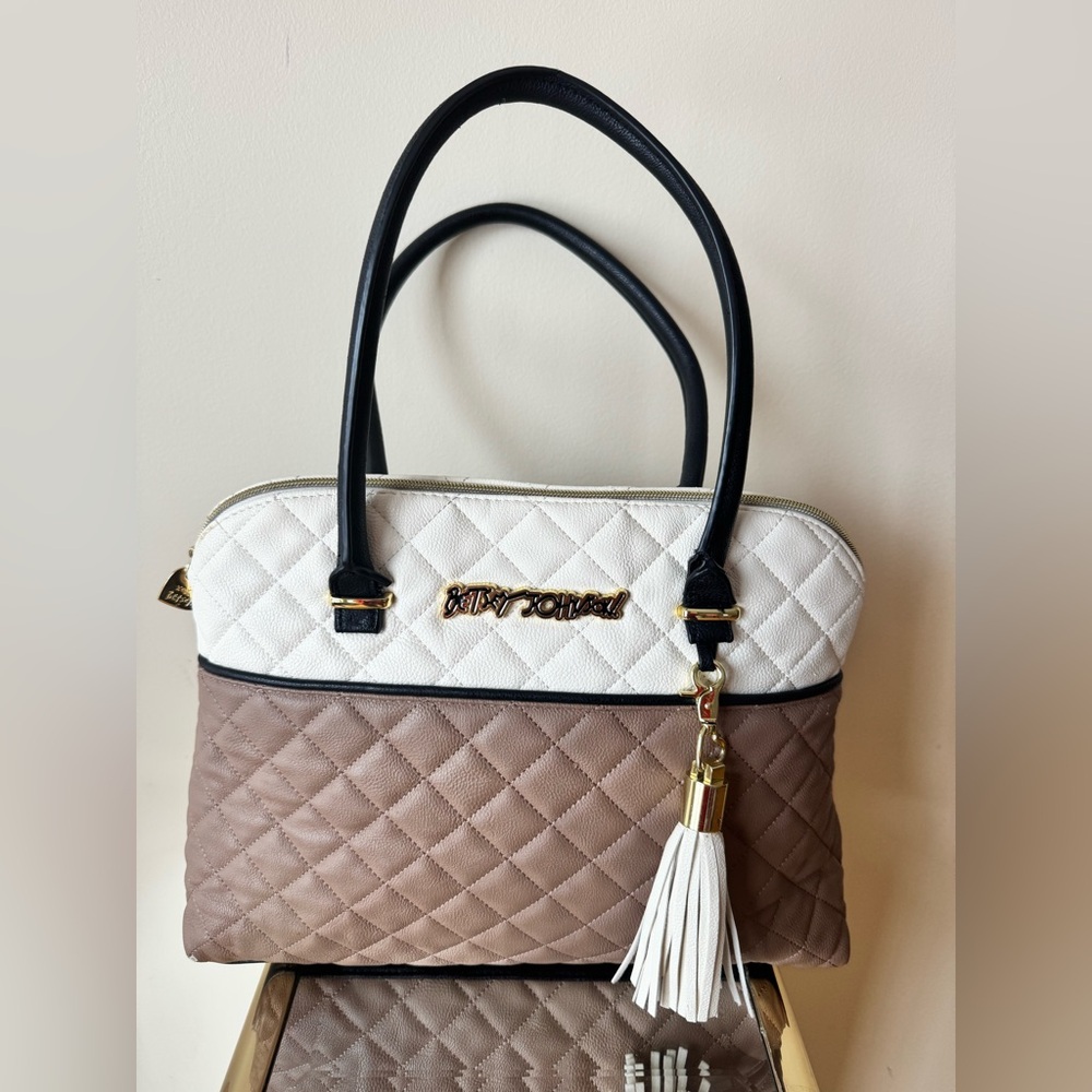 Betsey Johnson White and Brown Quilted Satchel Bowler Bag